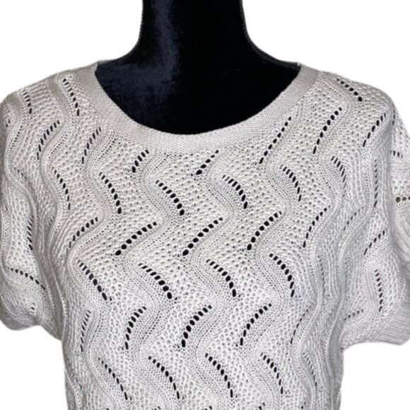 Croft & Barrow Beige Crochet Sweater Womens Size M Crew Neck Short Sleeve Ribbed - Picture 2 of 10